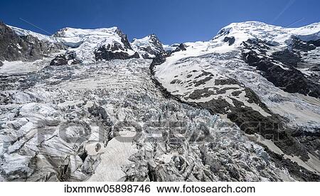 Stock Photograph - La Jonction, glacier tongue, Glacier des Bossons meets Glacier de Taconnaz, summit of Mont Maudit, Mont Blanc, Chamonix, Haute-Savoie, France, Europe. Fotosearch
