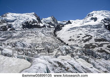 Stock Photography - La Jonction, glacier tongue, Glacier des Bossons meets Glacier de Taconnaz, summit of Mont Maudit and Mont Blanc, Chamonix, Haute-Savoie, France, Europe. Fotosearch