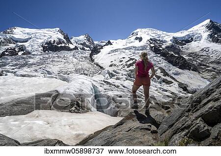 La Jonction, hiker in front of glacier tongue, Glacier des Bossons meets Glacier de Taconnaz, left summit Mont Maudit, right Mont Blanc, Chamonix, Haute-Savoie, France, Europe View Large Photo Image Stock Photo - La Jonction, hiker in front of glacier tongue, Glacier des Bossons meets Glacier de Taconnaz, left summit Mont Maudit, right Mont Blanc, Chamonix, Haute-Savoie, France, Europe. Fotosearch