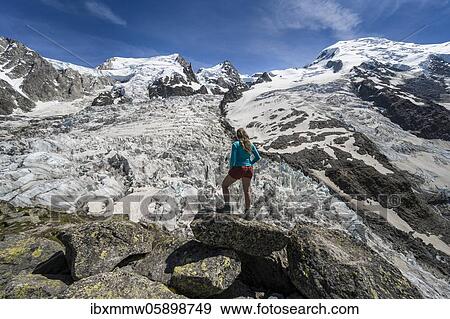 La Jonction, hiker in front of glacier tongue, Glacier des Bossons meets Glacier de Taconnaz, left summit Mont Maudit, right Mont Blanc, Chamonix, Haute-Savoie, France, Europe View Large Photo Image Stock Photo - La Jonction, hiker in front of glacier tongue, Glacier des Bossons meets Glacier de Taconnaz, left summit Mont Maudit, right Mont Blanc, Chamonix, Haute-Savoie, France, Europe. Fotosearch