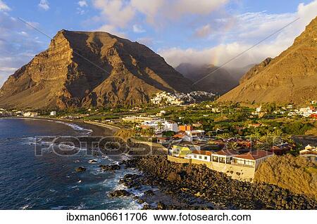 Stock Photograph - La Puntilla and La Calera, rainbow, Valle Gran Rey, drone recording, La Gomera, Canary Islands, Spain, Europe. Fotosearch