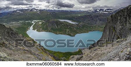 Picture - Lake Gjende, view from the Besseggen hike, Jotunheimen National Park, Vågå, Innlandet, Norway, Europe. Fotosearch