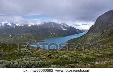 Lake Gjende, view from the Besseggen hike, Jotunheimen National Park, Vågå, Innlandet, Norway, Europe View Large Photo Image Stock Image - Lake Gjende, view from the Besseggen hike, Jotunheimen National Park, Vågå, Innlandet, Norway, Europe. Fotosearch