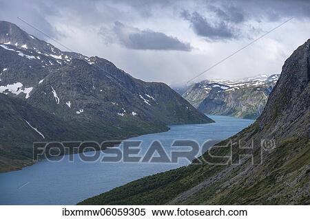 Lake Gjende, view from the Besseggen hike, Jotunheimen National Park, Vågå, Innlandet, Norway, Europe View Large Photo Image Stock Photography - Lake Gjende, view from the Besseggen hike, Jotunheimen National Park, Vågå, Innlandet, Norway, Europe. Fotosearch