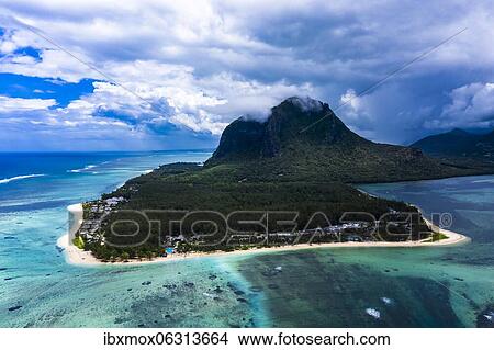 Picture - Le Morne Brabant, in front of it resorts, aerial view, Mauritius, Africa. Fotosearch