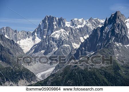 Picture - Mer de Glace glacier, Grandes Jorasses and Mont Blanc massif, Chamonix-Mont-Blanc, Haute-Savoie, France, Europe. Fotosearch