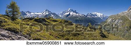 Stock Image - Mountain panorama from Aiguillette de Poisettes, left Aiguille de Tour and Aiguille de Chardonnet, middle Aiguille Verte and right Mont Blanc, Chamonix, Haute-Savoie, France, Europe. Fotosearch