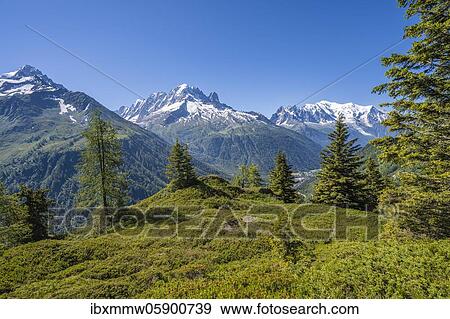 Stock Photo - Mountain panorama from Aiguillette des Posettes, summits Aiguille Verte, Aiguille du Midi and Mont Blanc, Chamonix, Haute-Savoie, France, Europe. Fotosearch