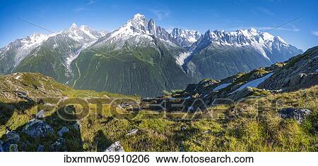 Stock Photograph - Mountain panorama, Glacier Mer de Glace and Glacier d'Argentière, Aiguille Verte, Aiguille du Midi, Aiguille du Moine, Mont Blanc, Grandes Jorasses, Mont Blanc massif, Chamonix-Mont-Blanc, Haute-Savoie, France, Europe. Fotosearch