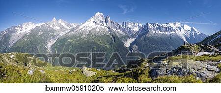 Mountain panorama, Glacier Mer de Glace and Glacier d'Argentière, Aiguille Verte, Aiguille du Midi, Aiguille du Moine, Mont Blanc, Grandes Jorasses, Mont Blanc massif, Chamonix-Mont-Blanc, Haute-Savoie, France, Europe View Large Photo Image Stock Photography - Mountain panorama, Glacier Mer de Glace and Glacier d'Argentière, Aiguille Verte, Aiguille du Midi, Aiguille du Moine, Mont Blanc, Grandes Jorasses, Mont Blanc massif, Chamonix-Mont-Blanc, Haute-Savoie, France, Europe. Fotosearch