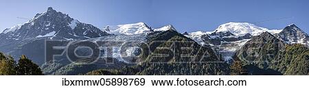 Mountain panorama, glacier tongue on the mountainside, glacier Glacier des Bossons, Glacier de Taconnaz, summit of Aiguille du Midi, Mont Maudit, Mont Blanc, and Aiguille de Bionnassay, Chamonix, Haute-Savoie, France, Europe View Large Photo Image Stock Photo - Mountain panorama, glacier tongue on the mountainside, glacier Glacier des Bossons, Glacier de Taconnaz, summit of Aiguille du Midi, Mont Maudit, Mont Blanc, and Aiguille de Bionnassay, Chamonix, Haute-Savoie, France, Europe. Fotosearch