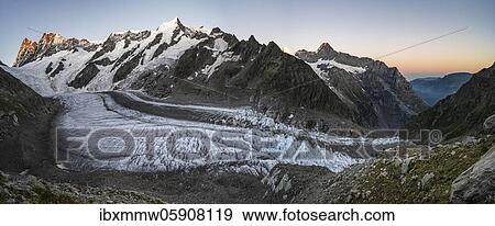 Stock Photo - Mountain panorama, high alpine landscape, sunrise, glacier tongue, glacier Unteres Eismeer, Finsteraarhorn, Agasszishorn, Großes Fiescherhorn, Bernese Oberland, Switzerland, Europe. Fotosearch