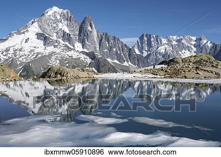 Stock Photograph - Mountain panorama, ice floe on Lac Blanc, mountain peaks reflected in mountain lake, Grandes Jorasses and Mont Blanc massif, Chamonix-Mont-Blanc, Haute-Savoie, France, Europe. Fotosearch