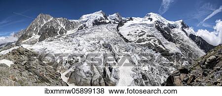 Mountain panorama, La Jonction, glacier tongue, Glacier des Bossons meets Glacier de Taconnaz, left Aiguille du Midi, middle summit of Mont Maudit and Mont Blanc, Chamonix, Haute-Savoie, France, Europe View Large Photo Image Stock Photo - Mountain panorama, La Jonction, glacier tongue, Glacier des Bossons meets Glacier de Taconnaz, left Aiguille du Midi, middle summit of Mont Maudit and Mont Blanc, Chamonix, Haute-Savoie, France, Europe. Fotosearch