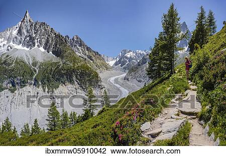 Mountaineer on hiking trail, Grand Balcon Nord, glacier tongue Mer de Glace, behind Grandes Jorasses, Mont Blanc massif, Chamonix, France, Europe View Large Photo Image Stock Image - Mountaineer on hiking trail, Grand Balcon Nord, glacier tongue Mer de Glace, behind Grandes Jorasses, Mont Blanc massif, Chamonix, France, Europe. Fotosearch