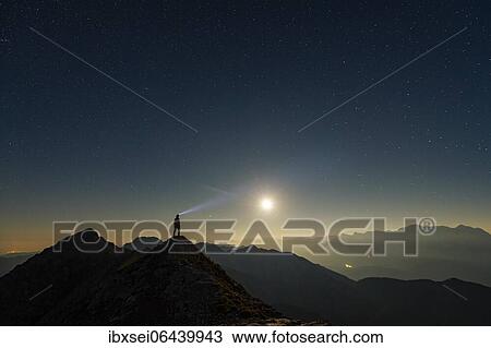 Mountaineer on summit ridge with full moon and starry sky, in the background Ammergau Alps, Reutte, Ammergau Alps, Tyrol, Austria, Europe View Large Photo Image Stock Image - Mountaineer on summit ridge with full moon and starry sky, in the background Ammergau Alps, Reutte, Ammergau Alps, Tyrol, Austria, Europe. Fotosearch