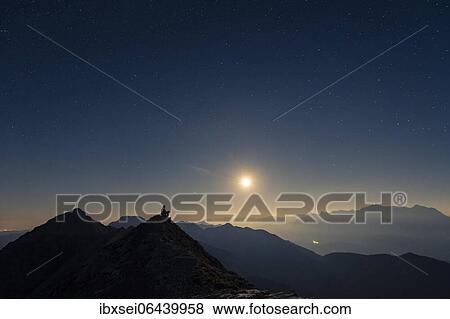 Mountaineer on summit ridge with full moon and starry sky, in the background Ammergau Alps, Reutte, Ammergau Alps, Tyrol, Austria, Europe View Large Photo Image Stock Photo - Mountaineer on summit ridge with full moon and starry sky, in the background Ammergau Alps, Reutte, Ammergau Alps, Tyrol, Austria, Europe. Fotosearch