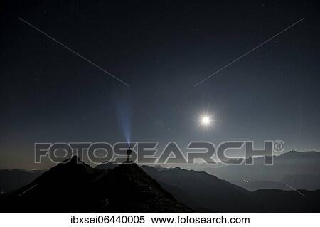 Mountaineer on summit ridge with full moon and starry sky, in the background Ammergau Alps, Reutte, Ammergau Alps, Tyrol, Austria, Europe View Large Photo Image Stock Photography - Mountaineer on summit ridge with full moon and starry sky, in the background Ammergau Alps, Reutte, Ammergau Alps, Tyrol, Austria, Europe. Fotosearch