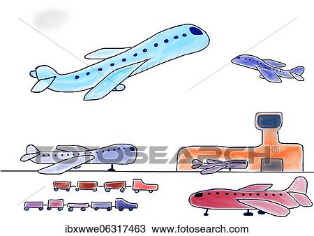 Stock Image - Naive illustration, child drawing, passenger plane taking off and vehicles at airport. Fotosearch