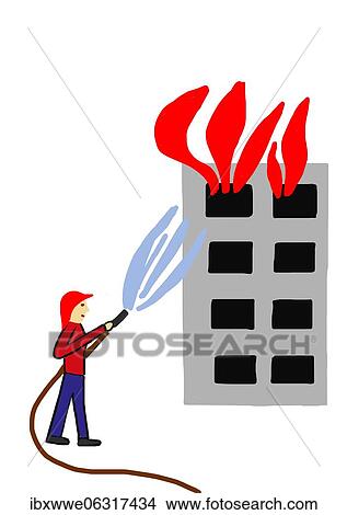Picture - Naive illustration, children drawing, firefighter extinguishes burning house. Fotosearch