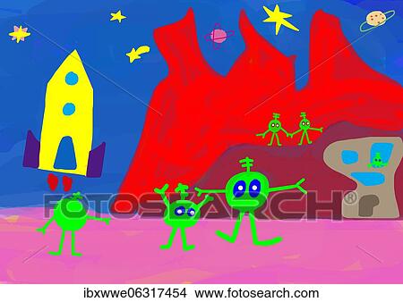 Picture - Naive illustration, children drawing, rocket in space with green aliens. Fotosearch