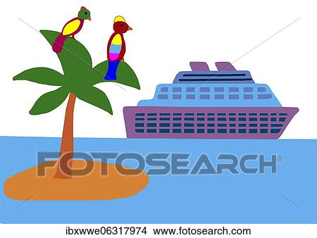 Picture - Naive illustration, children drawing, cruise ship in front of an island with palm tree and parrots. Fotosearch