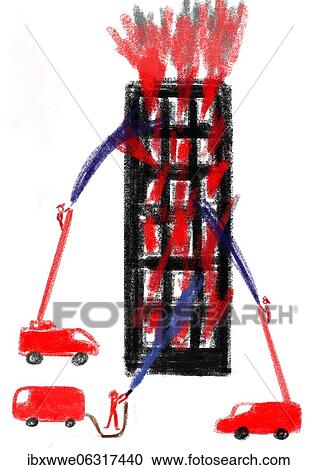 Naive illustration, children drawing, fire brigade extinguishes burning skyscraper View Large Photo Image Stock Image - Naive illustration, children drawing, fire brigade extinguishes burning skyscraper. Fotosearch
