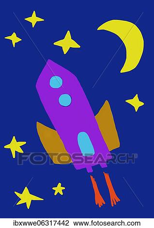 Stock Image - Naive illustration, children drawing, rocket flies into space. Fotosearch