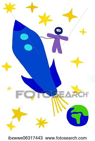 Stock Image - Naive illustration, children drawing, rocket with astronauts in space. Fotosearch