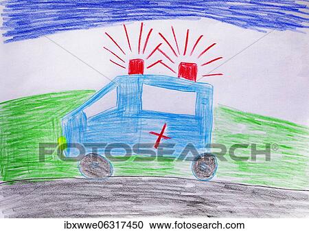 Naive illustration, children drawing, car with blue light View Large Photo Image Stock Image - Naive illustration, children drawing, car with blue light. Fotosearch