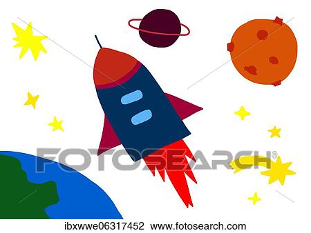Stock Image - Naive illustration, children drawing, rocket flying in space. Fotosearch