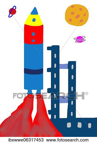 Naive illustration, children drawing, rocket takes off View Large Photo Image Stock Image - Naive illustration, children drawing, rocket takes off. Fotosearch