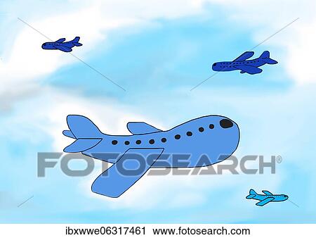 Stock Image - Naive illustration, children drawing, blue passenger planes in the sky. Fotosearch