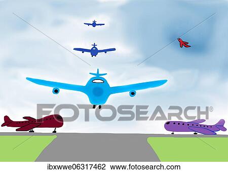 Naive illustration, children drawing, passenger planes approaching and landing runway View Large Photo Image Stock Image - Naive illustration, children drawing, passenger planes approaching and landing runway. Fotosearch