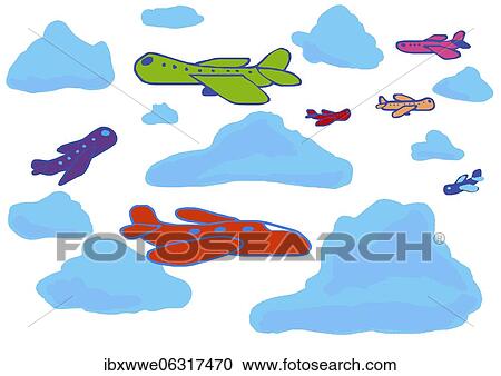 Naive illustration, children drawing, passenger planes in the sky between blue clouds View Large Photo Image Stock Image - Naive illustration, children drawing, passenger planes in the sky between blue clouds. Fotosearch