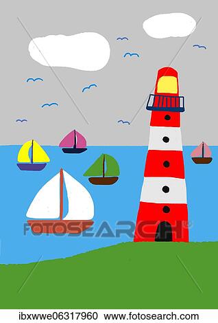 Stock Image - Naive illustration, children drawing, lighthouse with colorful sailboats in the sea. Fotosearch