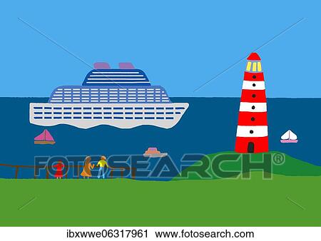 Stock Image - Naive illustration, children drawing, lighthouse, cruise ship and spectator. Fotosearch