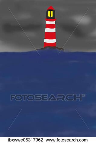 Stock Image - Naive illustration, children drawing, lighthouse in stormy sea. Fotosearch