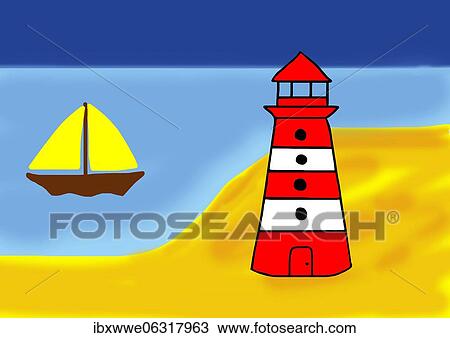 Stock Image - Naive illustration, children drawing, lighthouse with sailboat in sea. Fotosearch