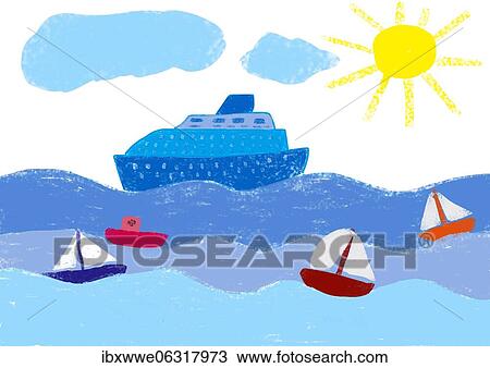 Stock Image - Naive illustration, children drawing, sailboats and cruise ship in sea. Fotosearch