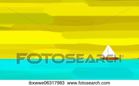 Stock Image - Naive illustration, children drawing, sailboat in sea. Fotosearch