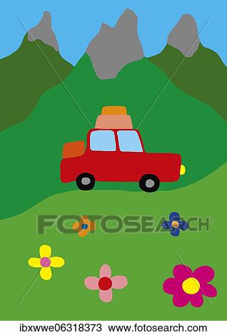 Naive illustration, children drawing, car and flowers in mountain, Austria, Europe View Large Photo Image Stock Image - Naive illustration, children drawing, car and flowers in mountain, Austria, Europe. Fotosearch