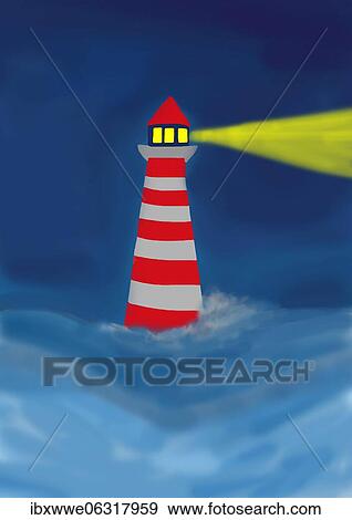 Stock Photo - Naive illustration, children drawing, lighthouse shines in stormy sea. Fotosearch