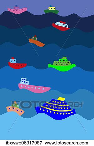 Naive illustration, children drawing, different colored ships between waves in sea View Large Photo Image Stock Photo - Naive illustration, children drawing, different colored ships between waves in sea. Fotosearch