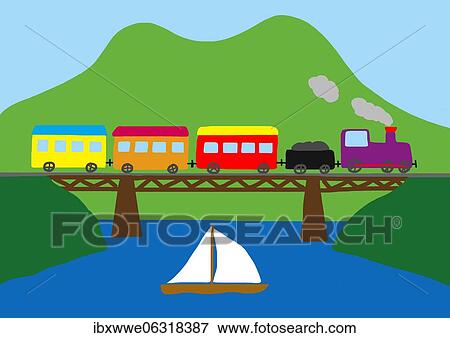 Naive illustration, children drawing, steam locomotive with wagon crossing a railway bridge, Austria, Europe View Large Photo Image Stock Photo - Naive illustration, children drawing, steam locomotive with wagon crossing a railway bridge, Austria, Europe. Fotosearch