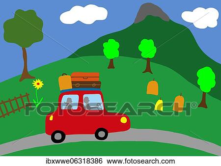 Naive illustration, children drawing, holiday by car in the mountains, Austria, Europe View Large Photo Image Stock Photograph - Naive illustration, children drawing, holiday by car in the mountains, Austria, Europe. Fotosearch