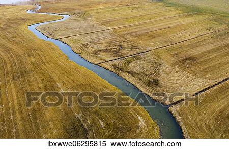 Stock Photography - Natural course of the Zellerache river from the Irrsee, wet meadow, from above, drone photo, aerial view, Mondseeland, Salzkammergut, Upper Austria, Austria, Europe. Fotosearch
