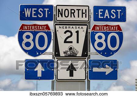 Stock Image - Nebraska Highway 21 South and Interstate 80, road sign, Nebraska, USA, North America. Fotosearch