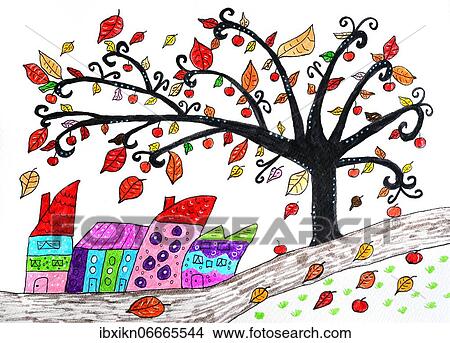 Painted tree in autumn, crooked houses, naive painting, white background View Large Photo Image Picture - Painted tree in autumn, crooked houses, naive painting, white background. Fotosearch