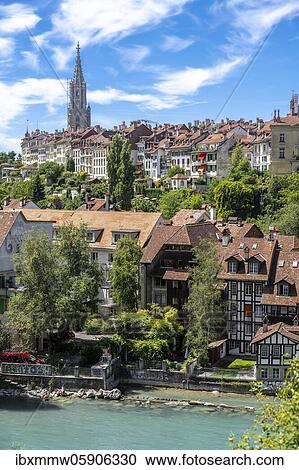 Stock Image - River Aare, Bernese Old Town, Nydegg Church and Bernese Minster, Nydegg district, Bern, Canton of Bern, Switzerland, Europe. Fotosearch